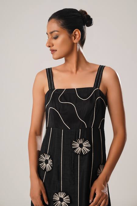 Shop Atbw Black Silk, Satin Embroidery Square Neck 3d Flower Detailed Dress Online at Aza Fashions Shop_Atbw_Black Silk, Satin Embroidery Square Neck 3d Flower Detailed Dress _Online_at_Aza_Fashions