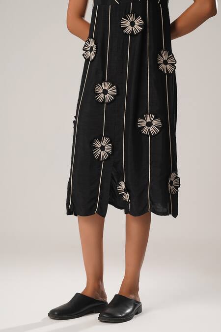 Atbw Black Silk, Satin Embroidery Square Neck 3d Flower Detailed Dress at Aza Fashions Atbw_Black Silk, Satin Embroidery Square Neck 3d Flower Detailed Dress _at_Aza_Fashions