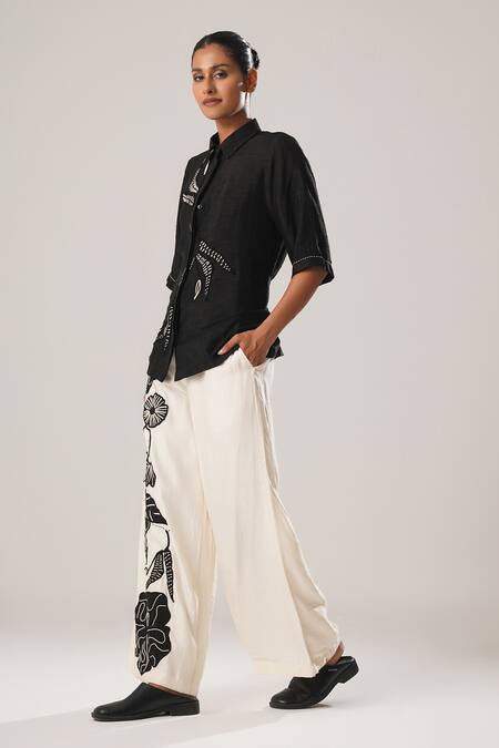 Atbw_White Silk Satin Fabric Flowers Detailed Flared Pant _Online_at_Aza_Fashions