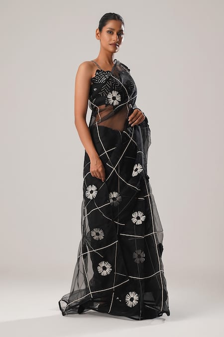 Shop Atbw Black Silk Organza Embroidery 3d Flower Detailed Saree at Aza Fashions Shop_Atbw_Black Silk Organza Embroidery 3d Flower Detailed Saree _at_Aza_Fashions