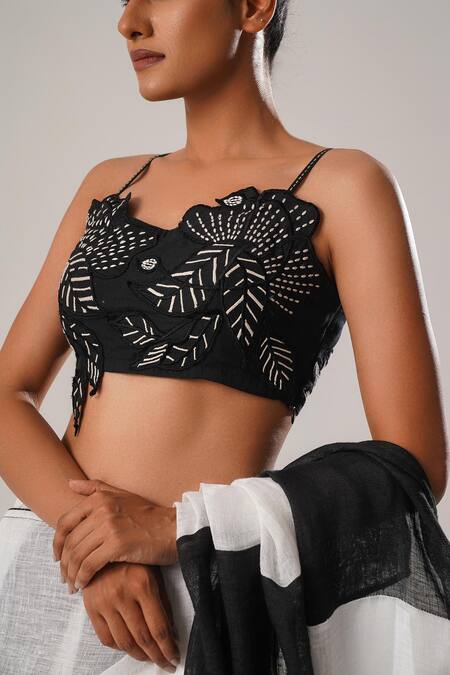 Atbw_Black Silk Satin Embroidery Asymmetric Flower Detailed Blouse _Online_at_Aza_Fashions