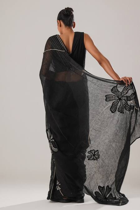 Shop_Atbw_Black Cotton Linen Patch Musk Bloom Forest Saree _at_Aza_Fashions