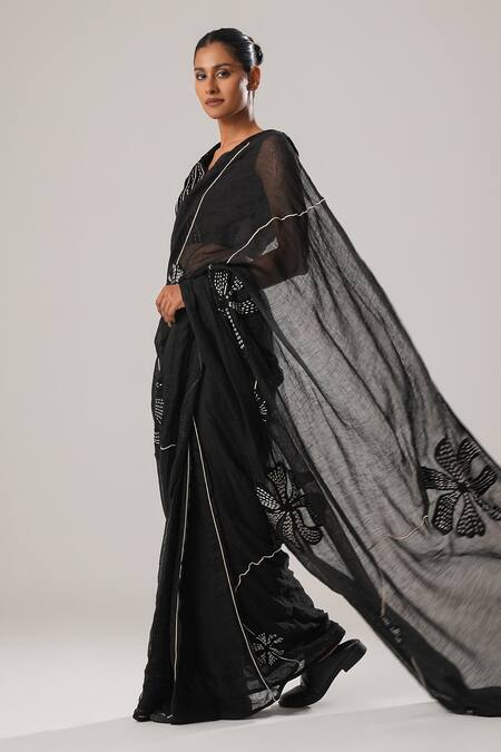 Atbw_Black Cotton Linen Patch Musk Bloom Forest Saree _Online_at_Aza_Fashions