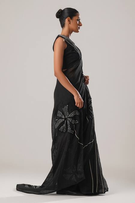 Buy_Atbw_Black Cotton Linen Patch Musk Bloom Forest Saree _Online_at_Aza_Fashions