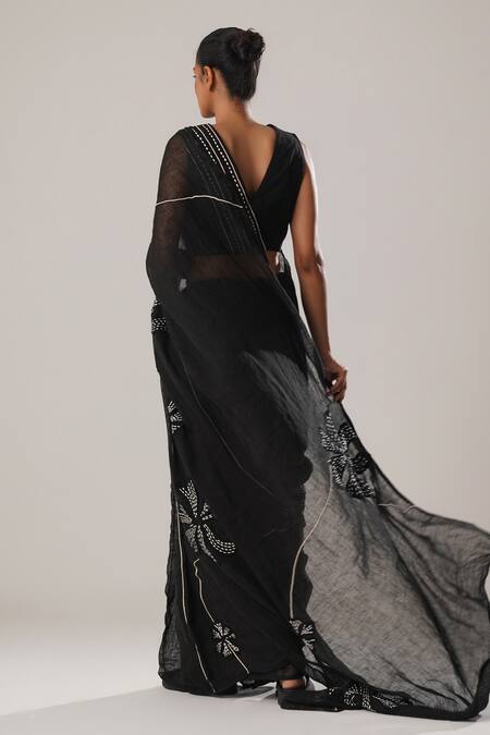 Shop_Atbw_Black Cotton Linen Patch Musk Bloom Forest Saree _Online_at_Aza_Fashions