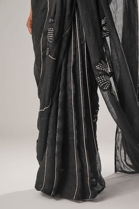 Atbw_Black Cotton Linen Patch Musk Bloom Forest Saree _at_Aza_Fashions
