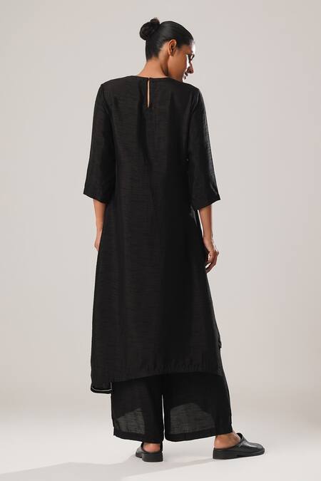 Shop Atbw Black Satin, Embroidery Forest Musk High Low Kurta With Flared Pant at Aza Fashions Shop_Atbw_Black Satin, Embroidery Forest Musk High Low Kurta With Flared Pant _at_Aza_Fashions