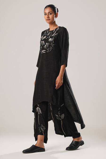 Atbw Black Satin, Embroidery Forest Musk High Low Kurta With Flared Pant Online at Aza Fashions Atbw_Black Satin, Embroidery Forest Musk High Low Kurta With Flared Pant _Online_at_Aza_Fashions