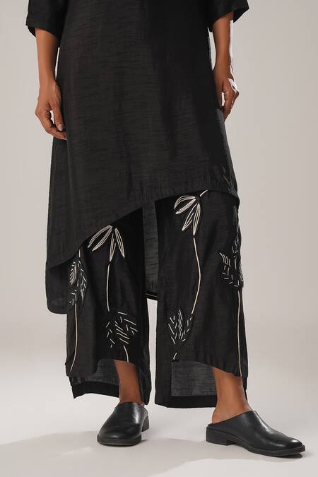 Shop Atbw Black Satin, Embroidery Forest Musk High Low Kurta With Flared Pant Online at Aza Fashions Shop_Atbw_Black Satin, Embroidery Forest Musk High Low Kurta With Flared Pant _Online_at_Aza_Fashions