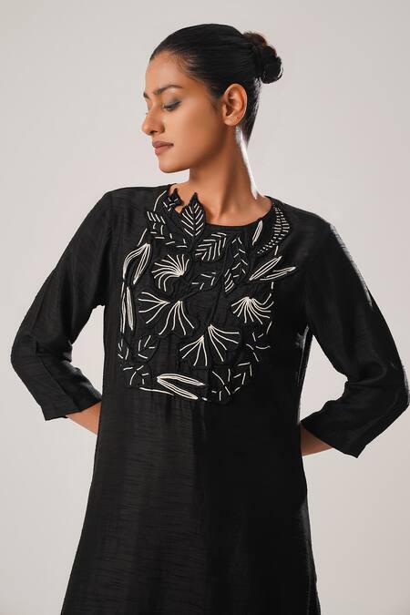 Atbw Black Satin, Embroidery Forest Musk High Low Kurta With Flared Pant at Aza Fashions Atbw_Black Satin, Embroidery Forest Musk High Low Kurta With Flared Pant _at_Aza_Fashions