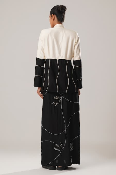Shop_Atbw_Black Raw Silk Satin Patch Blossom Kantha Embroidered Long Skirt _at_Aza_Fashions