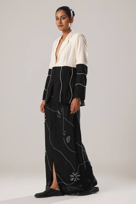 Atbw_Black Raw Silk Satin Patch Blossom Kantha Embroidered Long Skirt _Online_at_Aza_Fashions