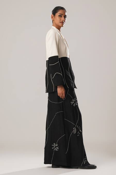 Buy_Atbw_Black Raw Silk Satin Patch Blossom Kantha Embroidered Long Skirt _Online_at_Aza_Fashions