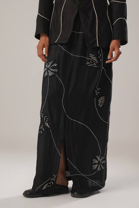 Shop_Atbw_Black Raw Silk Satin Patch Blossom Kantha Embroidered Long Skirt _Online_at_Aza_Fashions