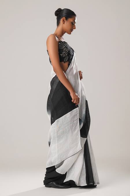 Buy_Atbw_Black Cotton, Linen Checkered Ombre Pattern Saree _Online_at_Aza_Fashions