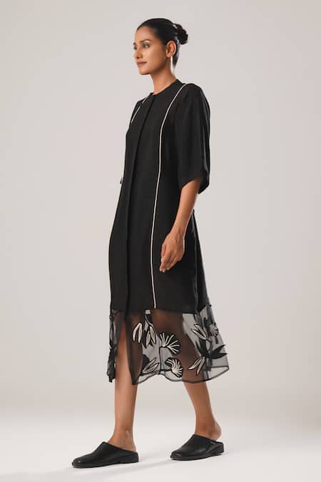 Atbw_Black Organza, Satin Embroidery High Tulip Bloom Sheer Hem Midi Dress _Online_at_Aza_Fashions