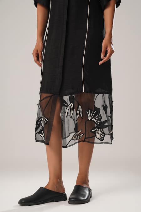 Atbw_Black Organza, Satin Embroidery High Tulip Bloom Sheer Hem Midi Dress _at_Aza_Fashions
