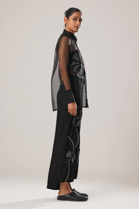 Buy_Atbw_Black Silk Organza Embroidery Collared Rafflesia Dori Patch Sheer Shirt _Online_at_Aza_Fashions