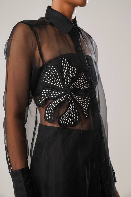 Shop_Atbw_Black Silk Organza Embroidery Collared Rafflesia Dori Patch Sheer Shirt _Online_at_Aza_Fashions