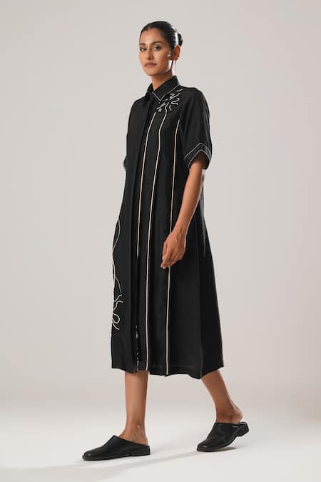 Atbw_Black Silk Embroidery Collared Florin Patch Shirt Dress _Online_at_Aza_Fashions