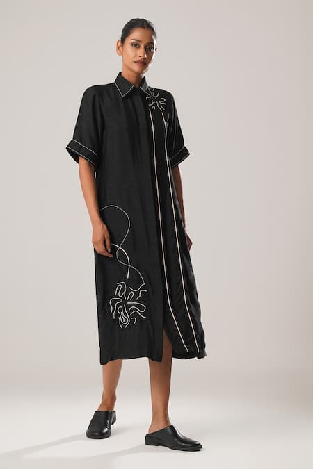 Buy_Atbw_Black Silk Embroidery Collared Florin Patch Shirt Dress _Online_at_Aza_Fashions