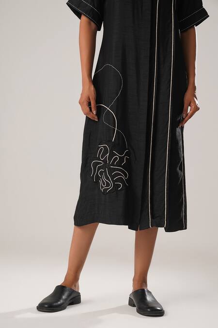 Shop_Atbw_Black Silk Embroidery Collared Florin Patch Shirt Dress _Online_at_Aza_Fashions