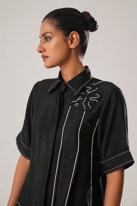 Atbw_Black Silk Embroidery Collared Florin Patch Shirt Dress _at_Aza_Fashions