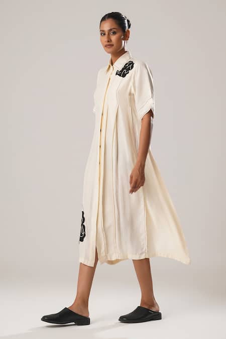 Atbw_White Silk, Satin Embroidery Collared Floral Patch Pleated Panel Shirt Dress _Online_at_Aza_Fashions