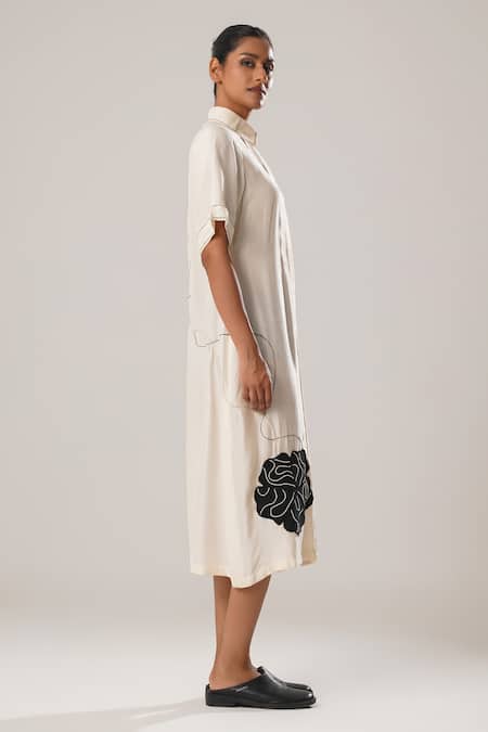 Buy_Atbw_White Silk, Satin Embroidery Collared Floral Patch Pleated Panel Shirt Dress _Online_at_Aza_Fashions