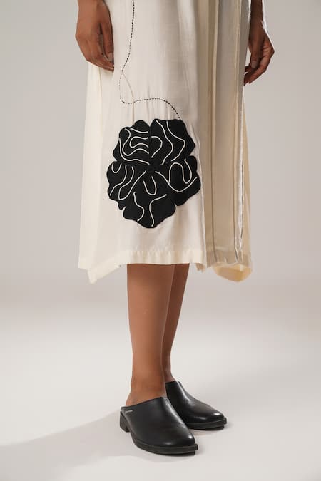 Shop_Atbw_White Silk, Satin Embroidery Collared Floral Patch Pleated Panel Shirt Dress _Online_at_Aza_Fashions