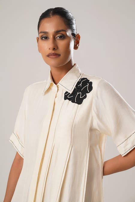 Atbw_White Silk, Satin Embroidery Collared Floral Patch Pleated Panel Shirt Dress _at_Aza_Fashions
