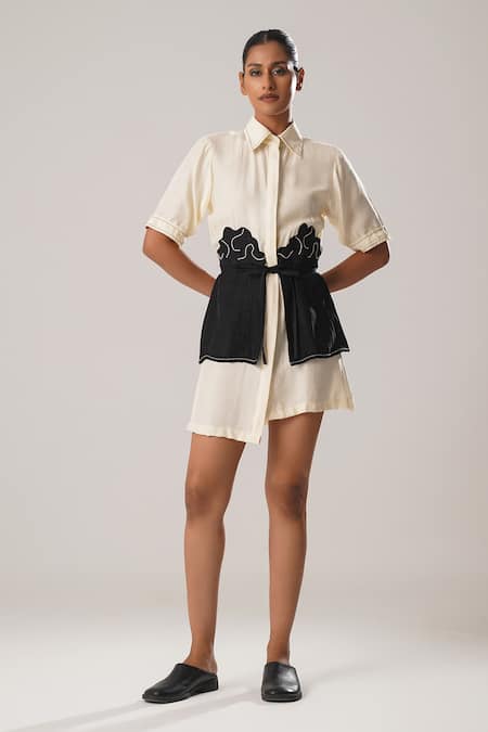 ATBW Black Raw Silk Satin Patch Floral Collar Neck Overlay Embroidered Shirt Dress 