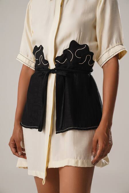 Shop Atbw Black Silk, Satin Embroidery Collared Floral Patch Overlay Shirt Dress Online at Aza Fashions Shop_Atbw_Black Silk, Satin Embroidery Collared Floral Patch Overlay Shirt Dress _Online_at_Aza_Fashions