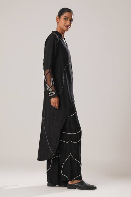Buy_Atbw_Black Silk, Satin Embroidery Mandarin Musk Dori High Low Kurta With Flared Pant _Online_at_Aza_Fashions