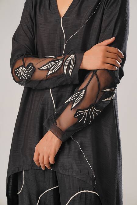 Shop_Atbw_Black Silk, Satin Embroidery Mandarin Musk Dori High Low Kurta With Flared Pant _Online_at_Aza_Fashions