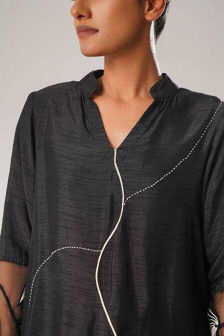 Atbw_Black Silk, Satin Embroidery Mandarin Musk Dori High Low Kurta With Flared Pant _at_Aza_Fashions