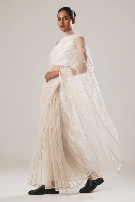 Atbw_White Silk Organza Dori Stripe Embroidered Saree _Online_at_Aza_Fashions