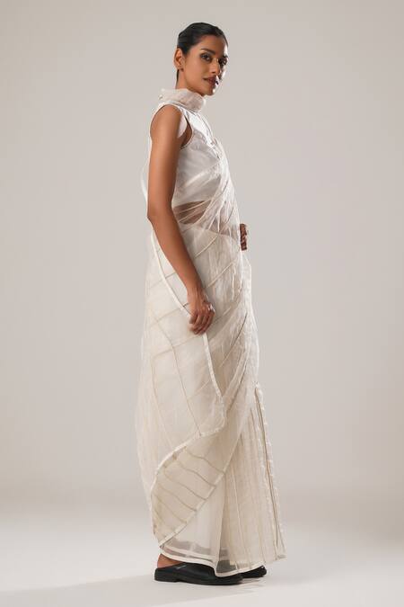 Buy_Atbw_White Silk Organza Dori Stripe Embroidered Saree _Online_at_Aza_Fashions