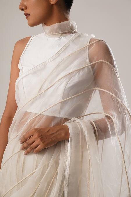 Atbw_White Silk Organza Dori Stripe Embroidered Saree _at_Aza_Fashions