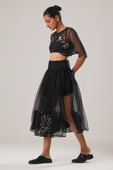 Atbw_Black Silk Organza Embroidery Floral Patch Wrap Skirt _Online_at_Aza_Fashions