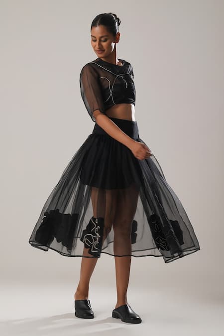 Buy_Atbw_Black Silk Organza Embroidery Floral Patch Wrap Skirt _Online_at_Aza_Fashions