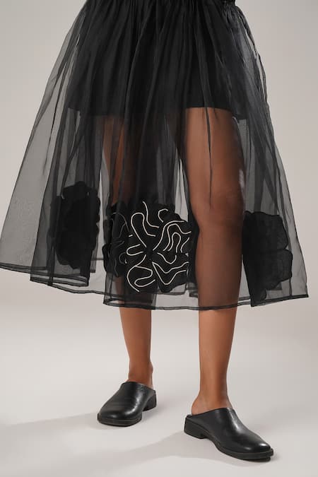 Shop_Atbw_Black Silk Organza Embroidery Floral Patch Wrap Skirt _Online_at_Aza_Fashions
