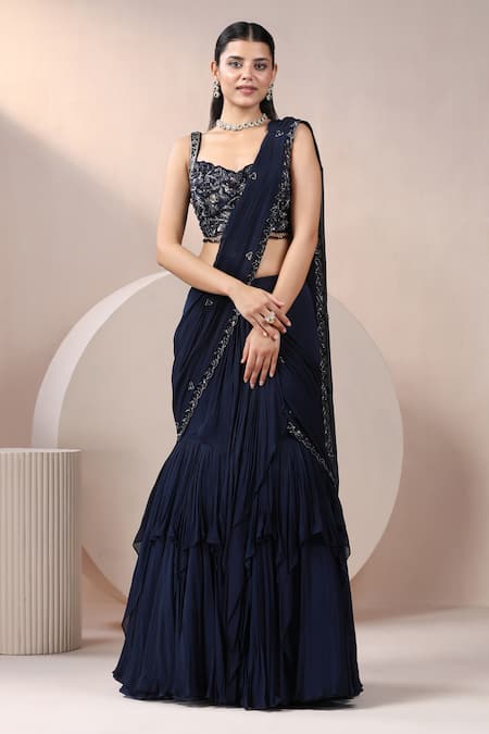 Chaashni by Maansi and Ketan Blue Georgette Embroidered Cutdana Sweetheart Layered Lehenga Saree With Blouse 