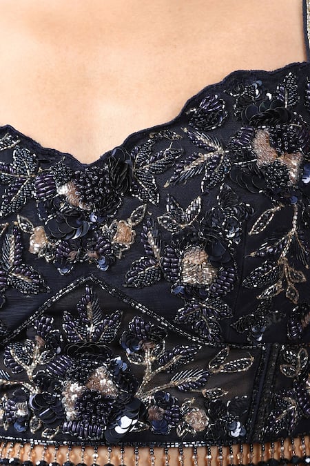 Shop_Chaashni By Maansi And Ketan_Blue Net, Georgette Sequins, Beads, Cut Work Layered Lehenga Saree With Blouse _Online_at_Aza_Fashions