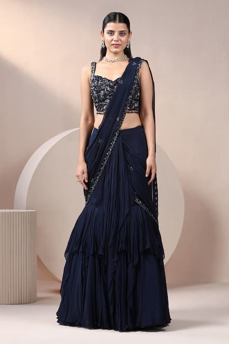 Chaashni By Maansi And Ketan_Blue Net, Georgette Sequins, Beads, Cut Work Layered Lehenga Saree With Blouse _at_Aza_Fashions