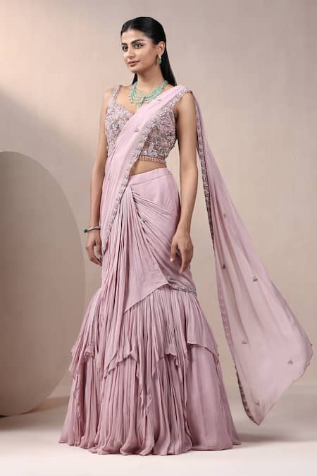 Buy_Chaashni By Maansi And Ketan_Pink Georgette, Net Embroidery, Cut Attached Drape Lehenga Saree With Blouse _Online_at_Aza_Fashions