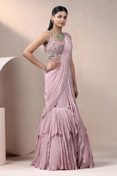 Shop_Chaashni By Maansi And Ketan_Pink Georgette, Net Embroidery, Cut Attached Drape Lehenga Saree With Blouse _Online_at_Aza_Fashions