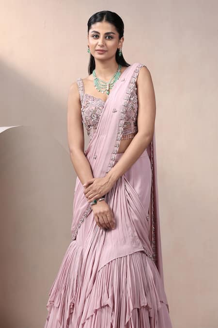 Chaashni By Maansi And Ketan_Pink Georgette, Net Embroidery, Cut Attached Drape Lehenga Saree With Blouse _at_Aza_Fashions