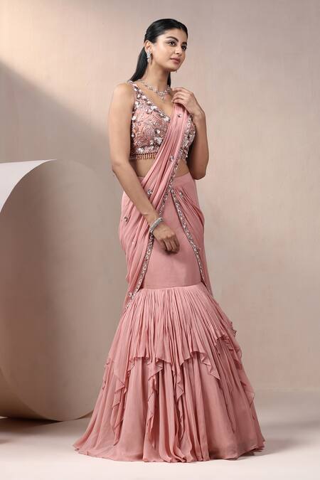 Shop_Chaashni By Maansi And Ketan_Peach Net, Georgette Sequins, Stones, Embroidered Hem Lehenga Saree With Blouse _Online_at_Aza_Fashions