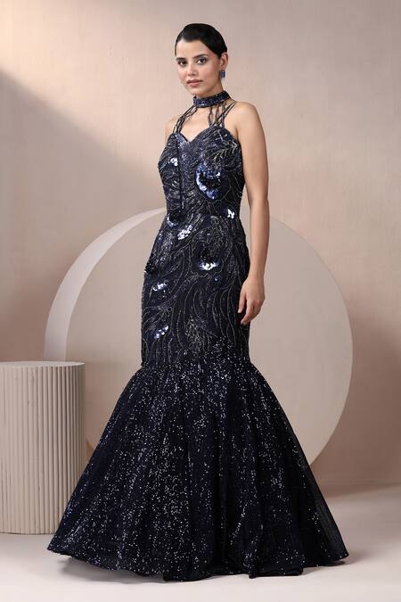 Chaashni By Maansi And Ketan_Blue Net, Silk Sequins, Cut Work, Stones Halter Neck Embroidered Fishcut Gown_Online_at_Aza_Fashions